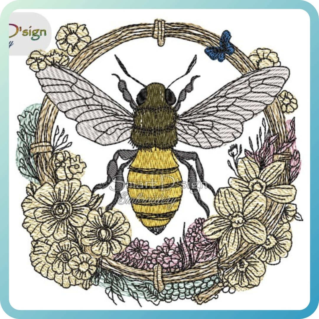 BEE FLOWER FRAME Doodle with Fill Stitch