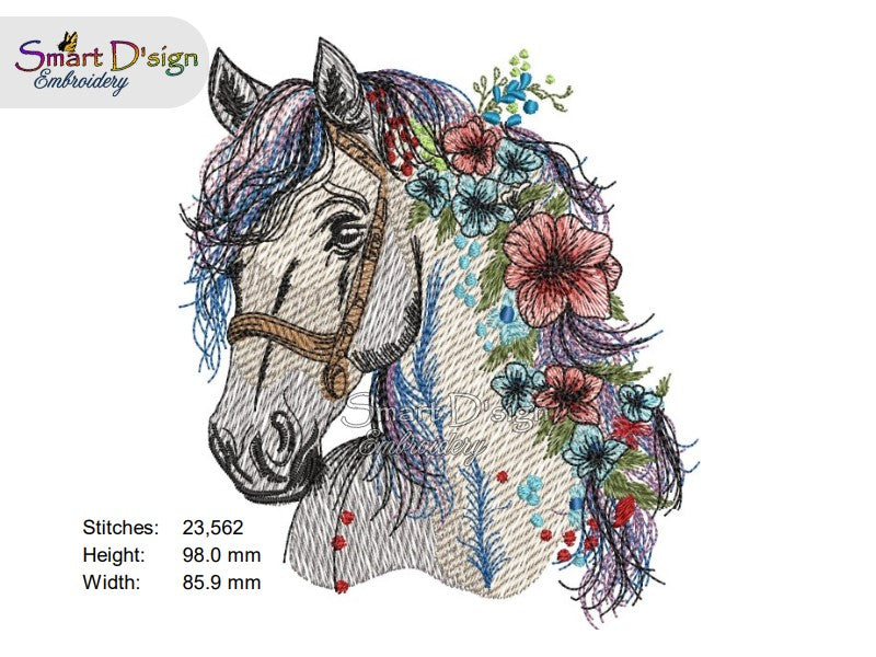 FLOWER HORSE Fill Stitch w. Doodle Outline