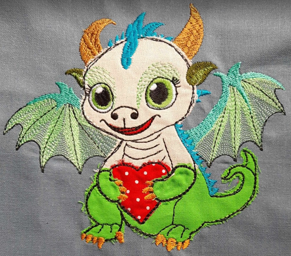 BABY DRAGON with HEART DOODLE APPLIQUE