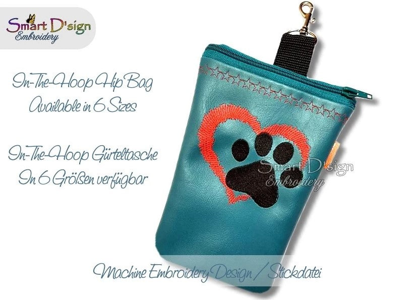 ITH ZIPPER HIP BAG - PAW PRINT HEART - Treat Pouch, fully lined