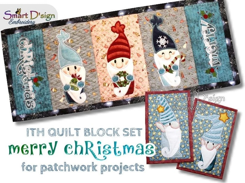 MERRY CHRISTMAS Patchwork Table Runner - 7 ITH Quilt Blocks