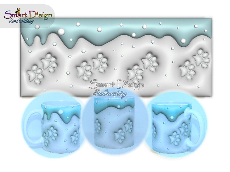 PUFFY 3D PAW PRINTS IN THE SNOW - 3D Inflated 11 Oz Mug Wrap