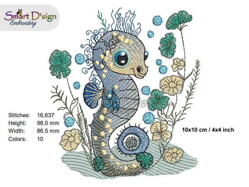 SEAHORSE Fill Stitch w. Doodle Outline